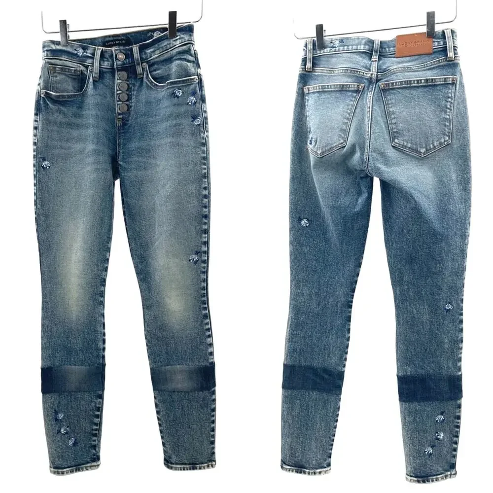 NWOT LUCKY BRAND Denim Jeans Ava Mid Rise Skinny Embroidered Flowers Size 25